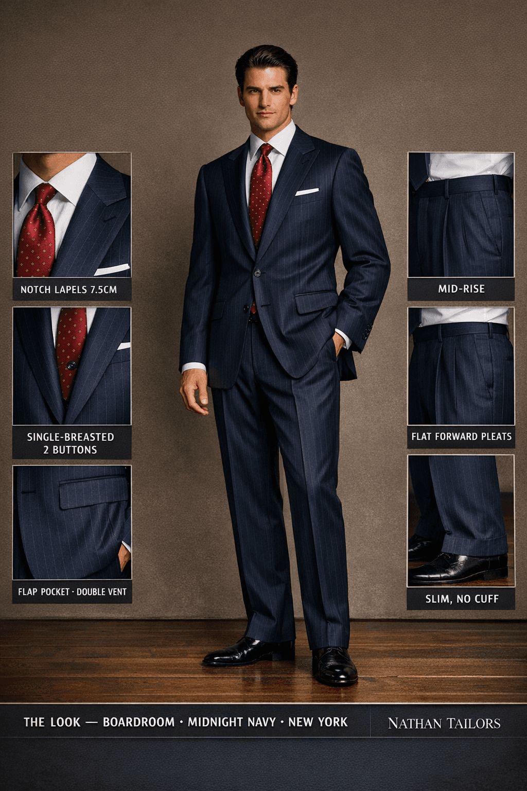 midnight navy pinstripe single-breasted notch-lapel bespoke suit — AI-rendered by Nathan Tailors, the Hoi An custom tailor. Available as a custom tailored suit from $129.
