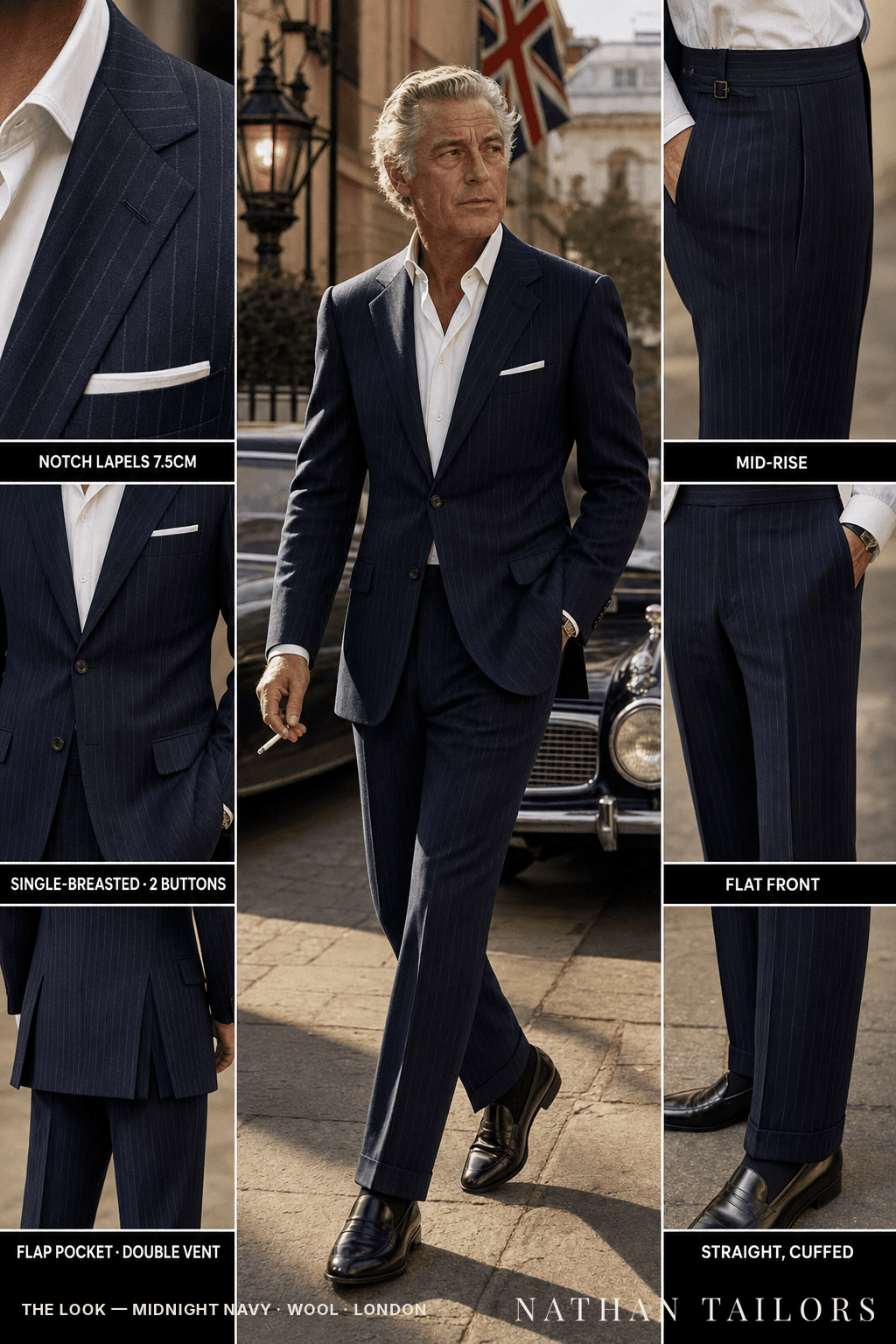 midnight navy pinstripe single-breasted bespoke suit — custom tailored by Nathan Tailors, the Hoi An custom tailor