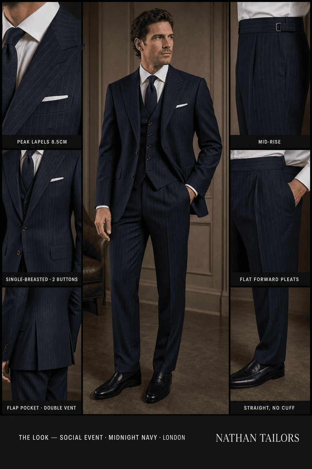 midnight navy pinstripe single-breasted bespoke suit — custom tailored by Nathan Tailors, the Hoi An custom tailor