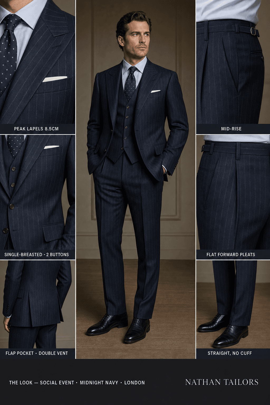 midnight navy pinstripe single-breasted bespoke suit — custom tailored by Nathan Tailors, the Hoi An custom tailor