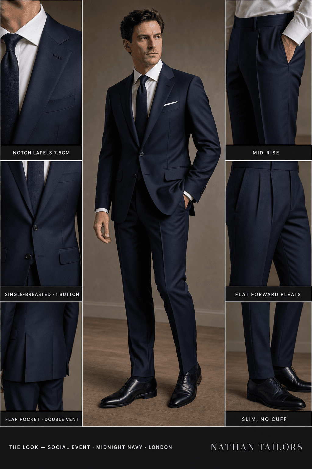 midnight navy single-breasted notch-lapel bespoke suit — AI-rendered by Nathan Tailors, the Hoi An custom tailor. Available as a custom tailored suit from $129.
