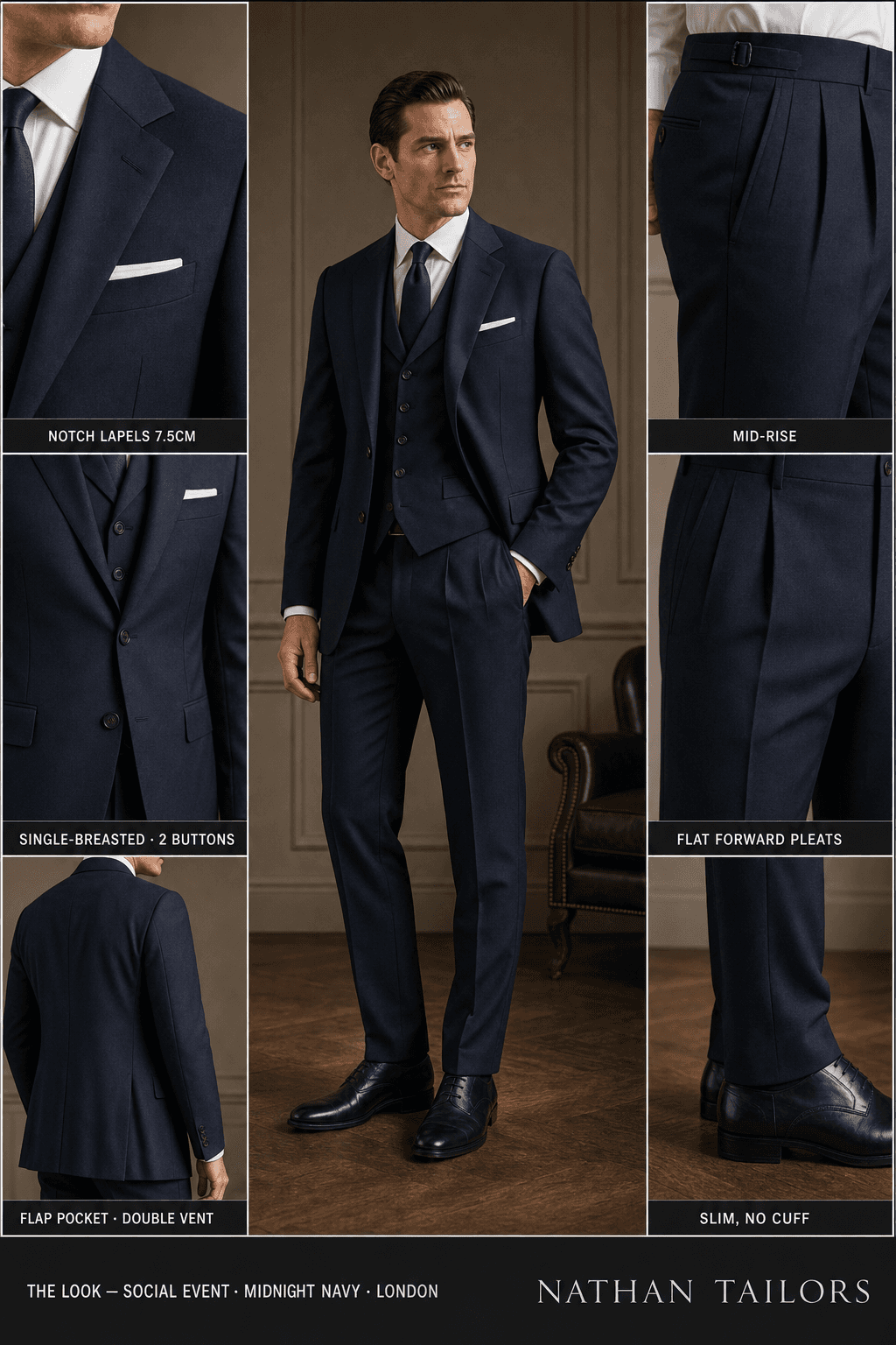 midnight navy single-breasted suit — Nathan Tailors Hoi An tailor Atelier render