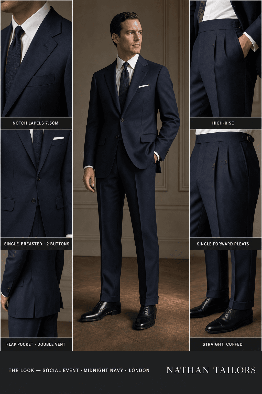 midnight navy single-breasted suit — Nathan Tailors Hoi An tailor Atelier render