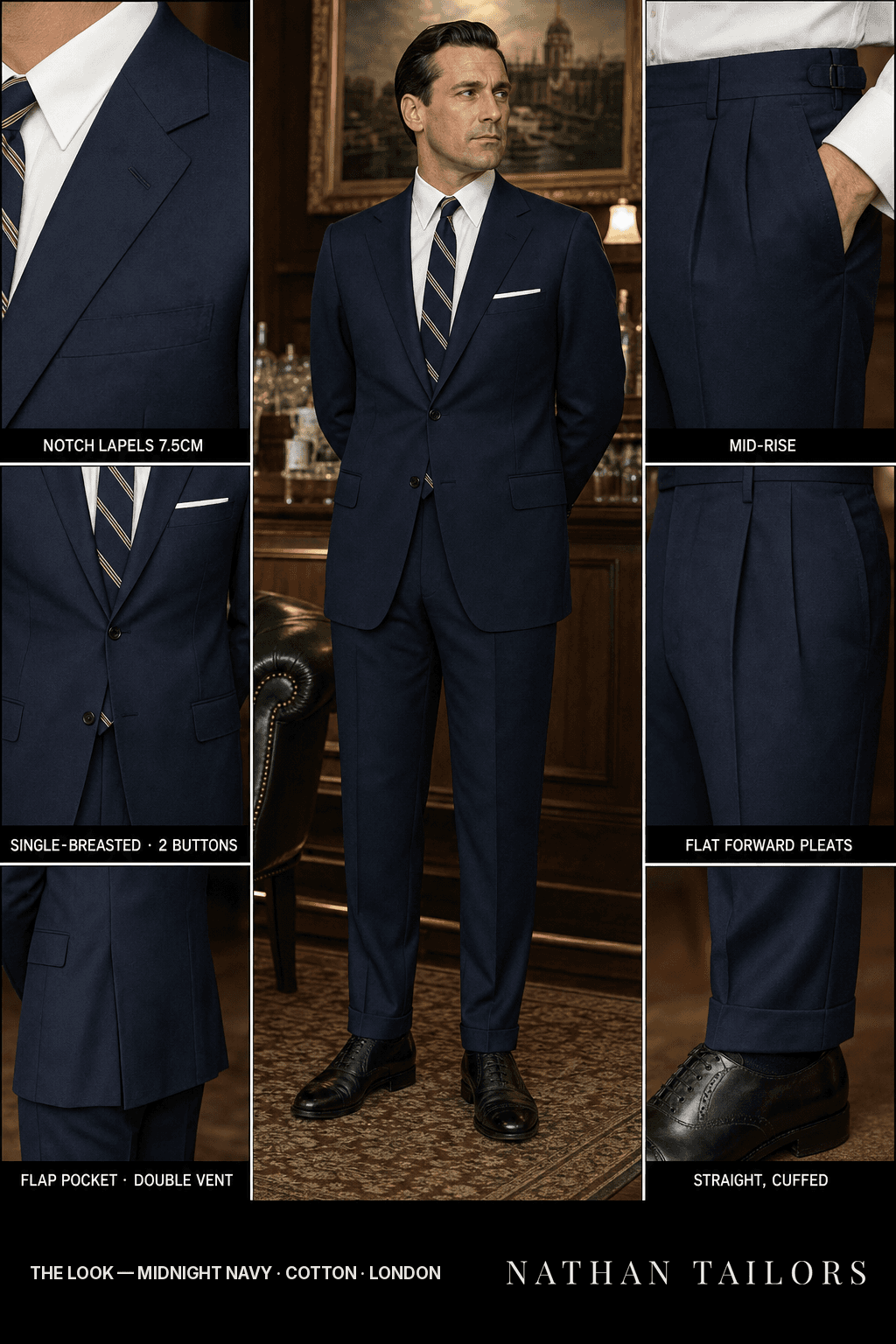 midnight navy single-breasted bespoke suit — custom tailored by Nathan Tailors, the Hoi An custom tailor