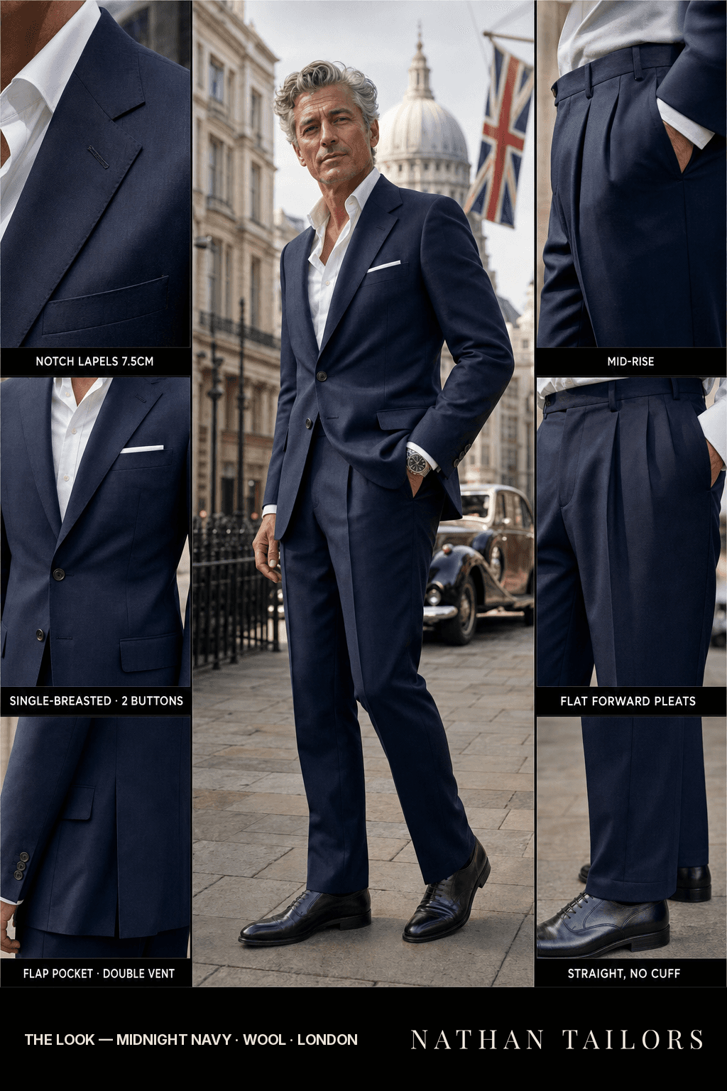 midnight navy single-breasted notch-lapel bespoke suit — AI-rendered by Nathan Tailors, the Hoi An custom tailor. Available as a custom tailored suit from $149.