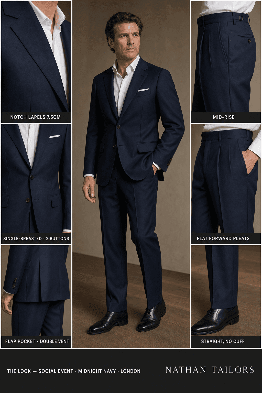 midnight navy single-breasted notch-lapel bespoke suit — AI-rendered by Nathan Tailors, the Hoi An custom tailor. Available as a custom tailored suit from $129.