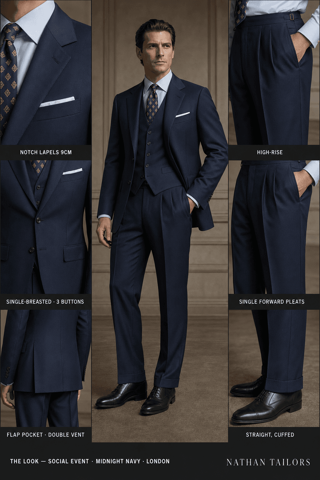 midnight navy single-breasted bespoke suit — custom tailored by Nathan Tailors, the Hoi An custom tailor