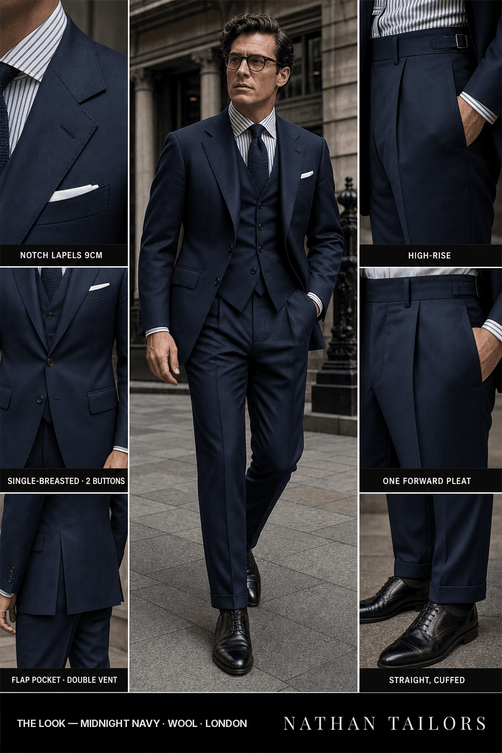 midnight navy single-breasted bespoke suit — custom tailored by Nathan Tailors, the Hoi An custom tailor