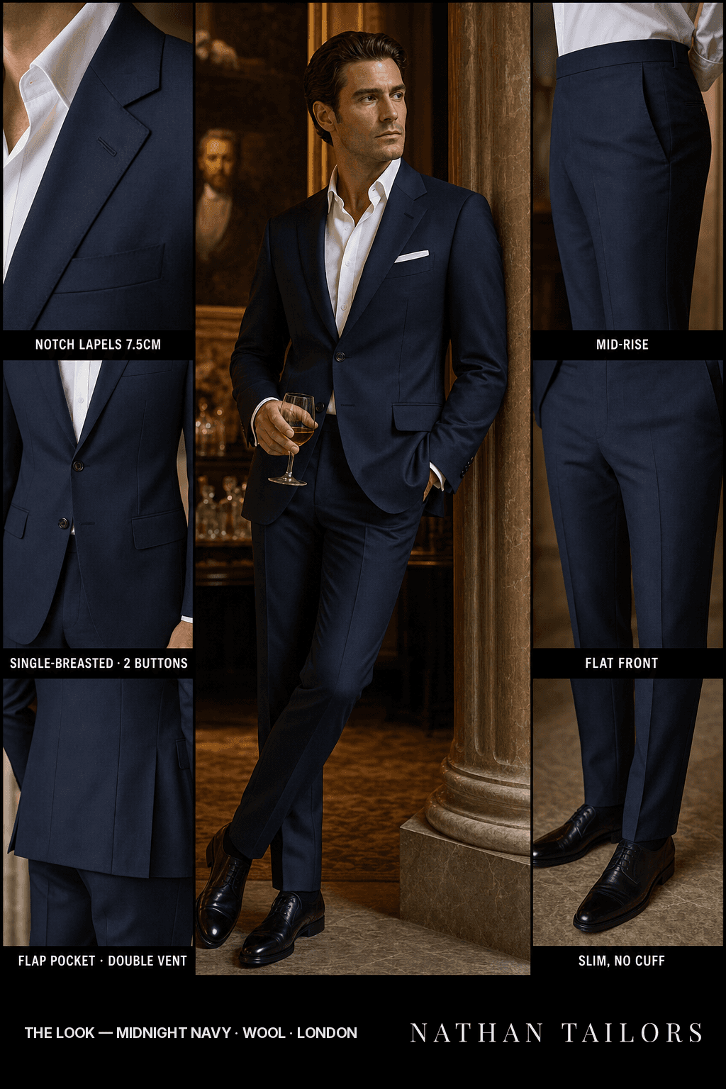 midnight navy single-breasted notch-lapel bespoke suit — AI-rendered by Nathan Tailors, the Hoi An custom tailor. Available as a custom tailored suit from $149.