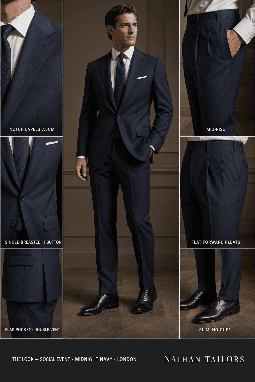 midnight navy single-breasted notch-lapel bespoke suit — AI-rendered by Nathan Tailors, the Hoi An custom tailor. Available as a custom tailored suit from $129.