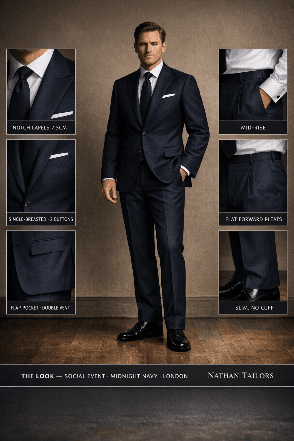midnight navy single-breasted notch-lapel bespoke suit — AI-rendered by Nathan Tailors, the Hoi An custom tailor. Available as a custom tailored suit from $129.