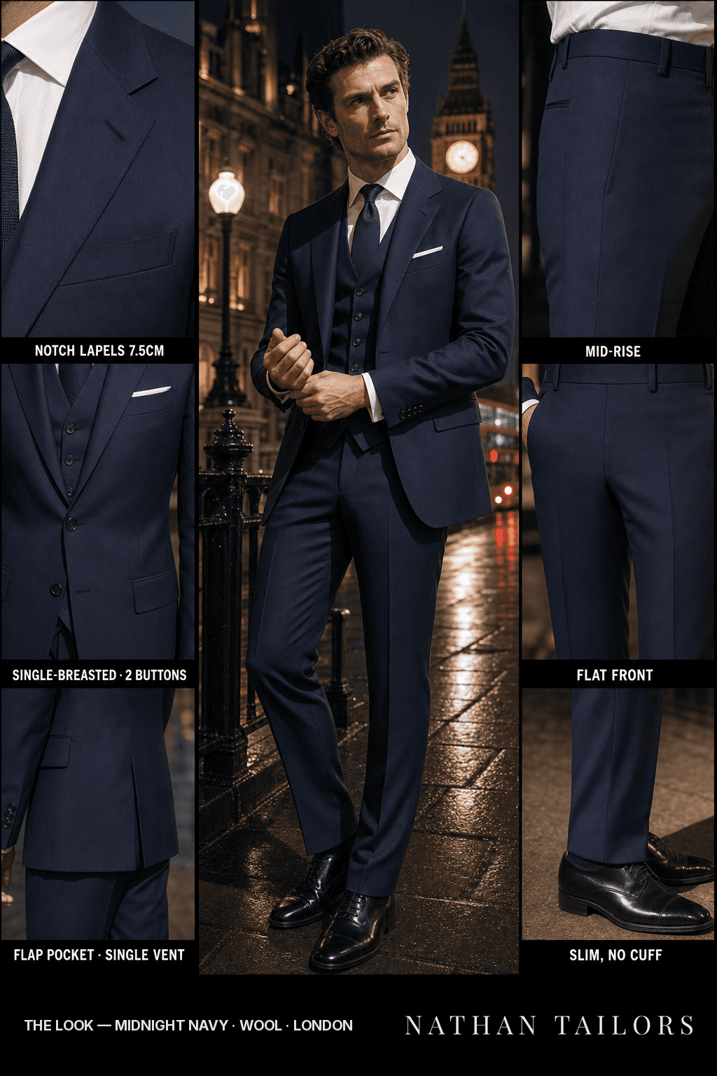 midnight navy single-breasted bespoke suit — custom tailored by Nathan Tailors, the Hoi An custom tailor
