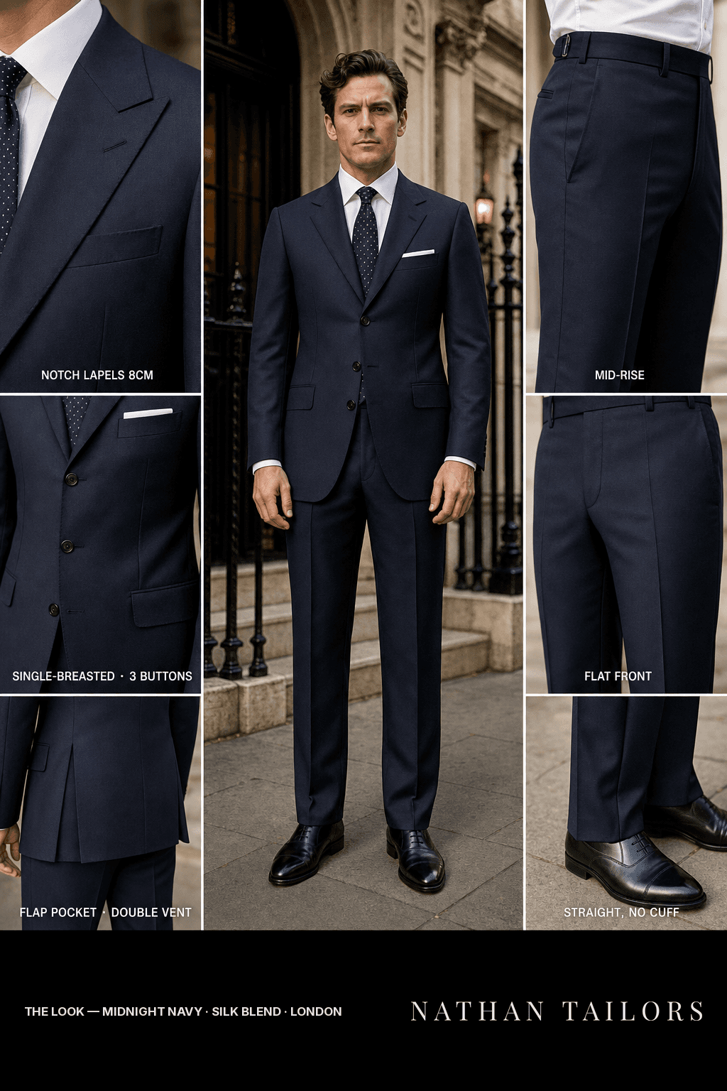 midnight navy single-breasted notch-lapel bespoke suit — AI-rendered by Nathan Tailors, the Hoi An custom tailor. Available as a custom tailored suit from $149.