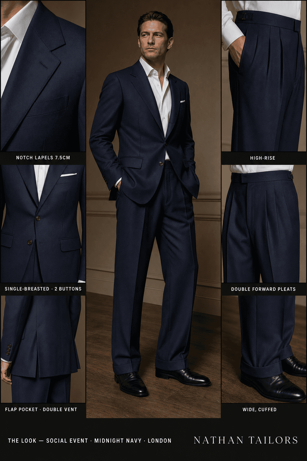 midnight navy single-breasted notch-lapel bespoke suit — AI-rendered by Nathan Tailors, the Hoi An custom tailor. Available as a custom tailored suit from $129.