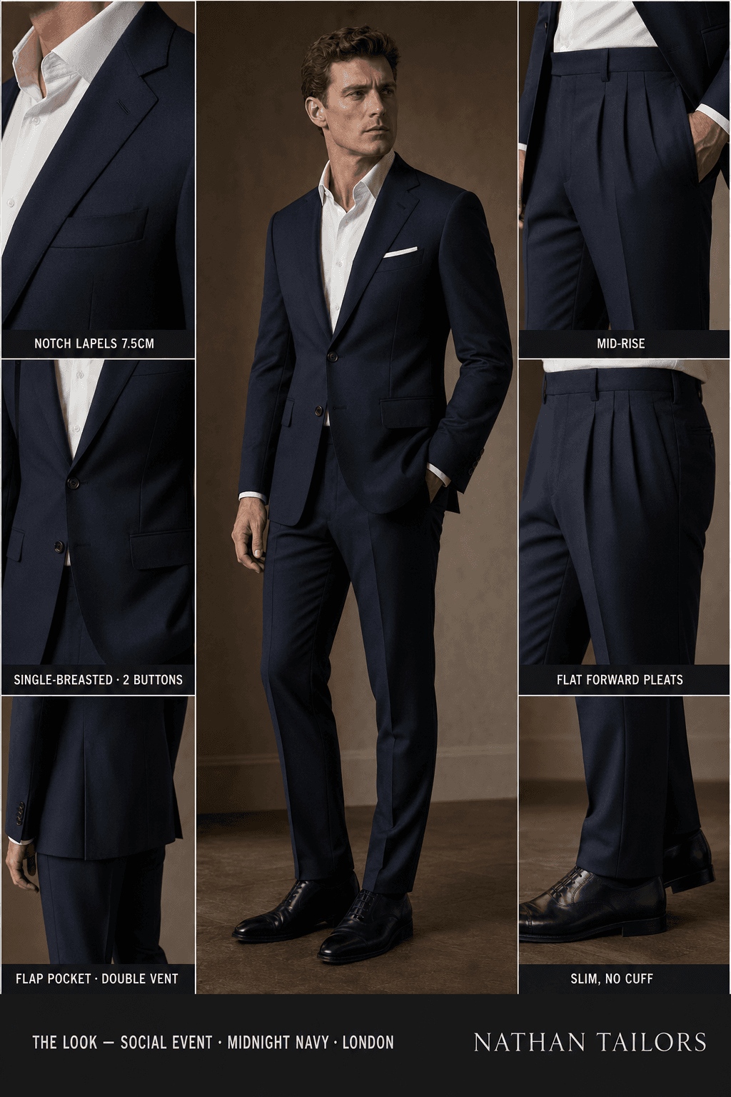 midnight navy single-breasted notch-lapel bespoke suit — AI-rendered by Nathan Tailors, the Hoi An custom tailor. Available as a custom tailored suit from $129.