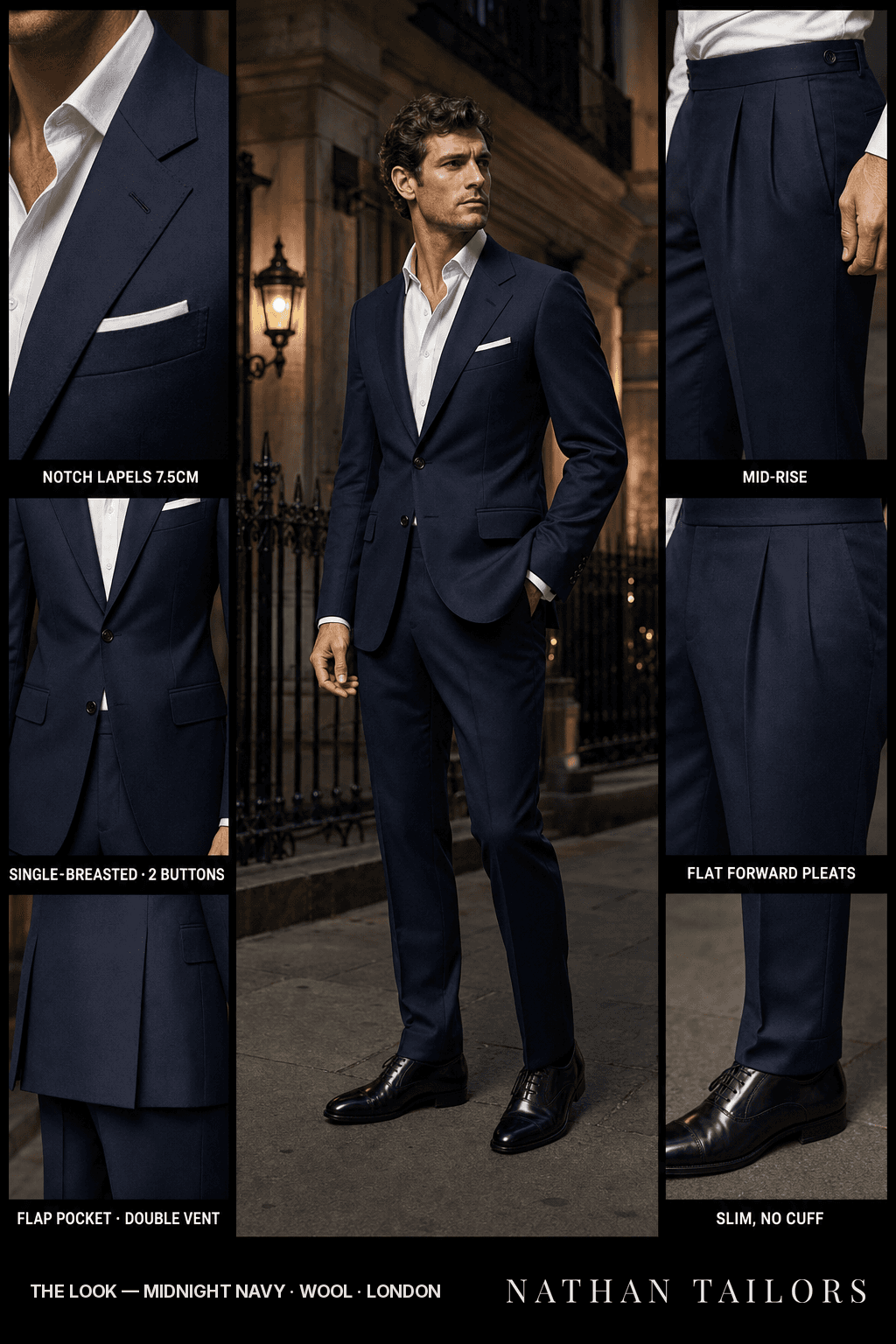 midnight navy single-breasted notch-lapel bespoke suit — AI-rendered by Nathan Tailors, the Hoi An custom tailor. Available as a custom tailored suit from $149.