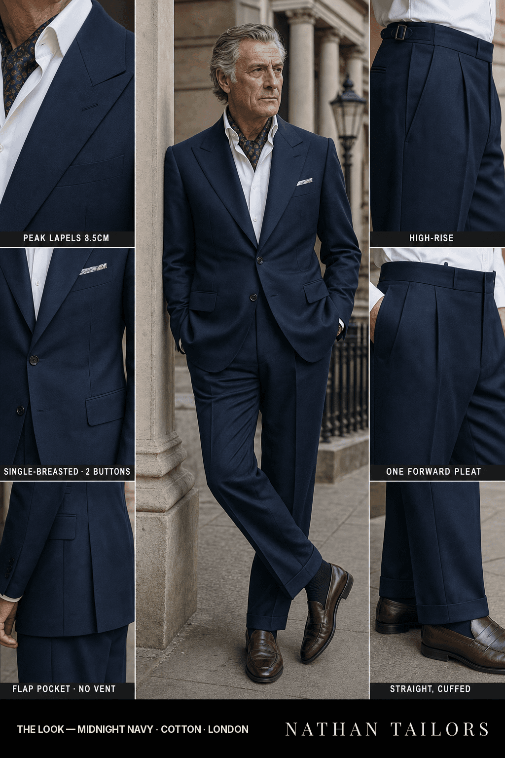 midnight navy single-breasted peak-lapel bespoke suit — AI-rendered by Nathan Tailors, the Hoi An custom tailor. Available as a custom tailored suit from $149.