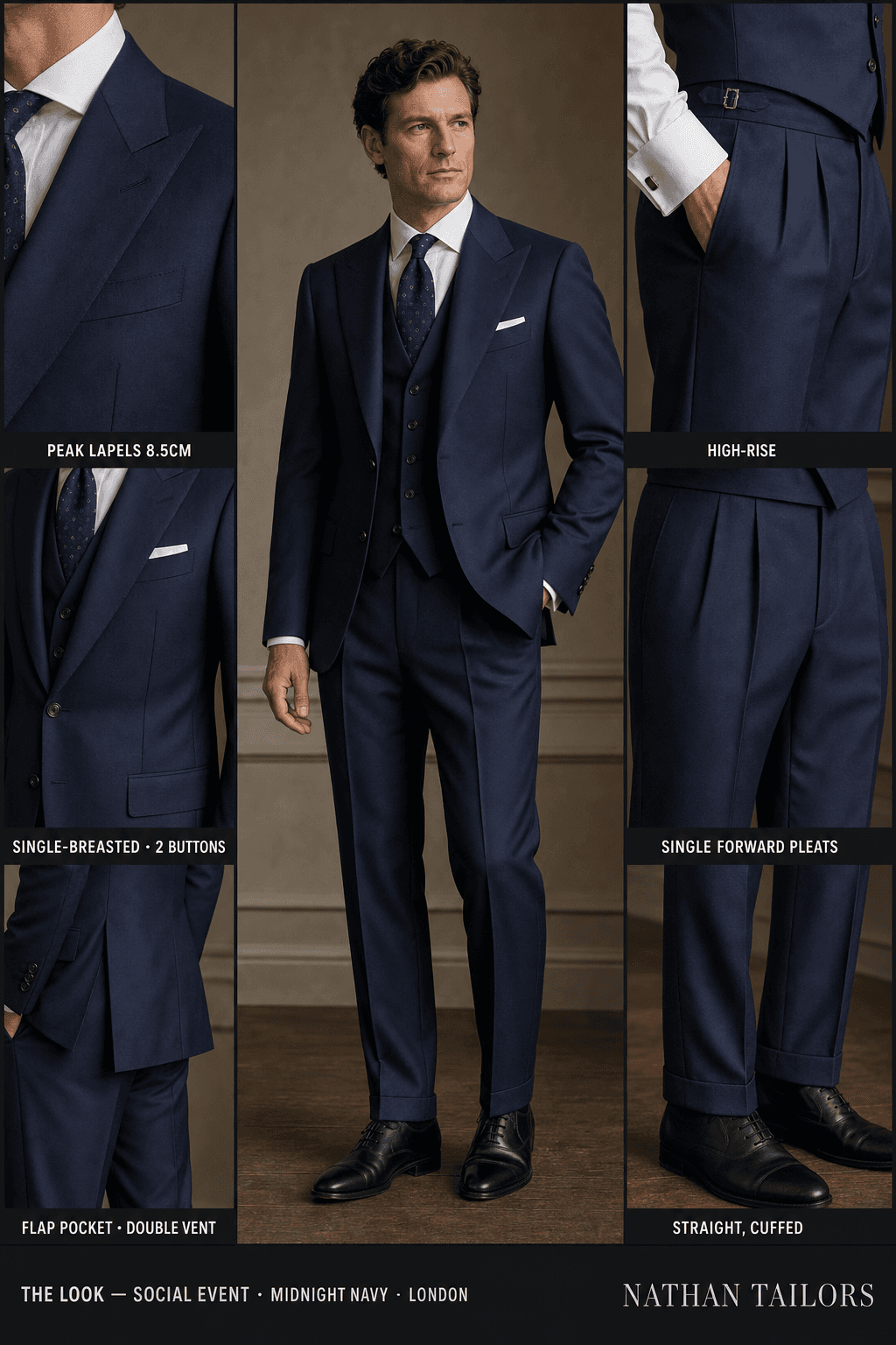 midnight navy single-breasted peak-lapel bespoke suit — AI-rendered by Nathan Tailors, the Hoi An custom tailor. Available as a custom tailored suit from $129.