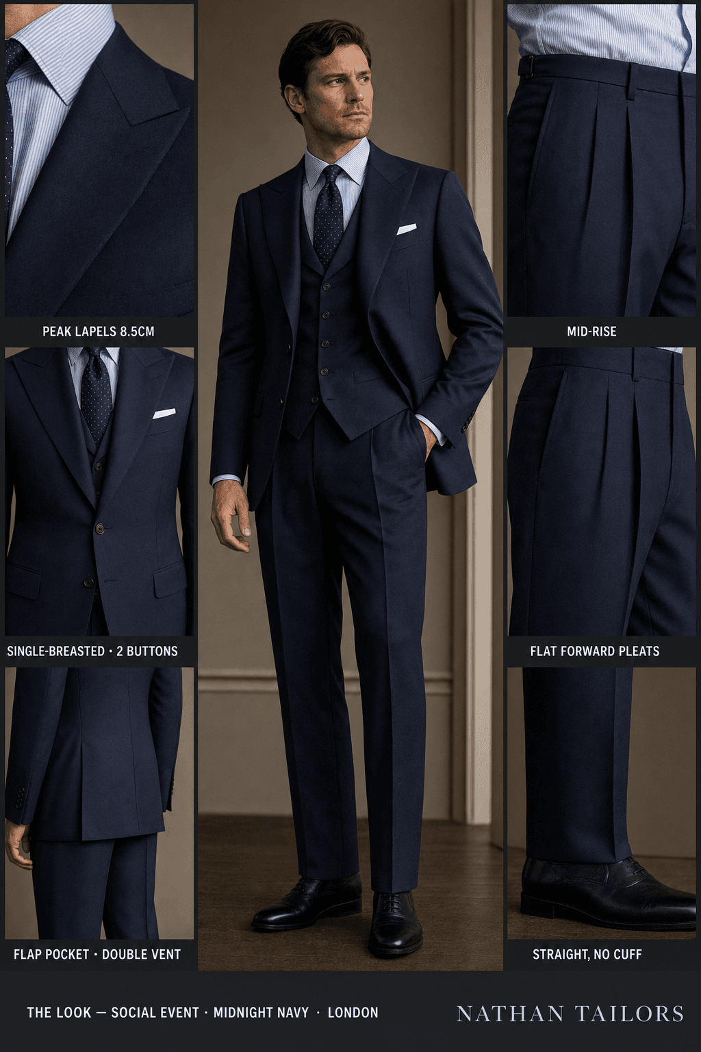 midnight navy single-breasted peak-lapel bespoke suit — AI-rendered by Nathan Tailors, the Hoi An custom tailor. Available as a custom tailored suit from $129.