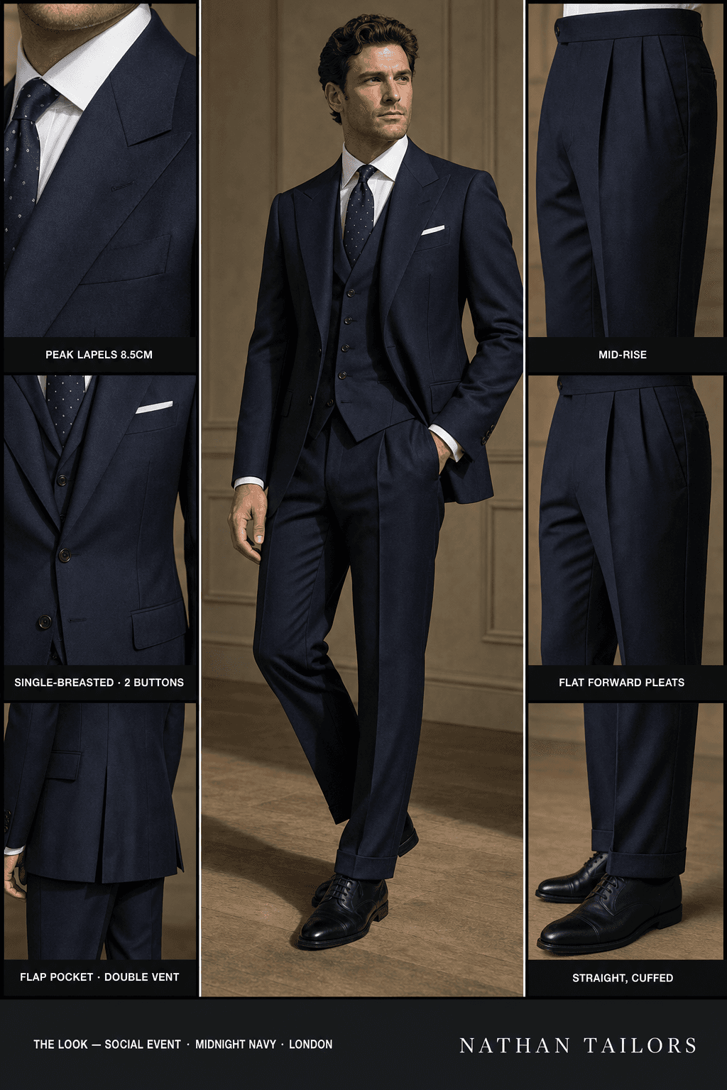 midnight navy single-breasted peak-lapel bespoke suit — AI-rendered by Nathan Tailors, the Hoi An custom tailor. Available as a custom tailored suit from $129.