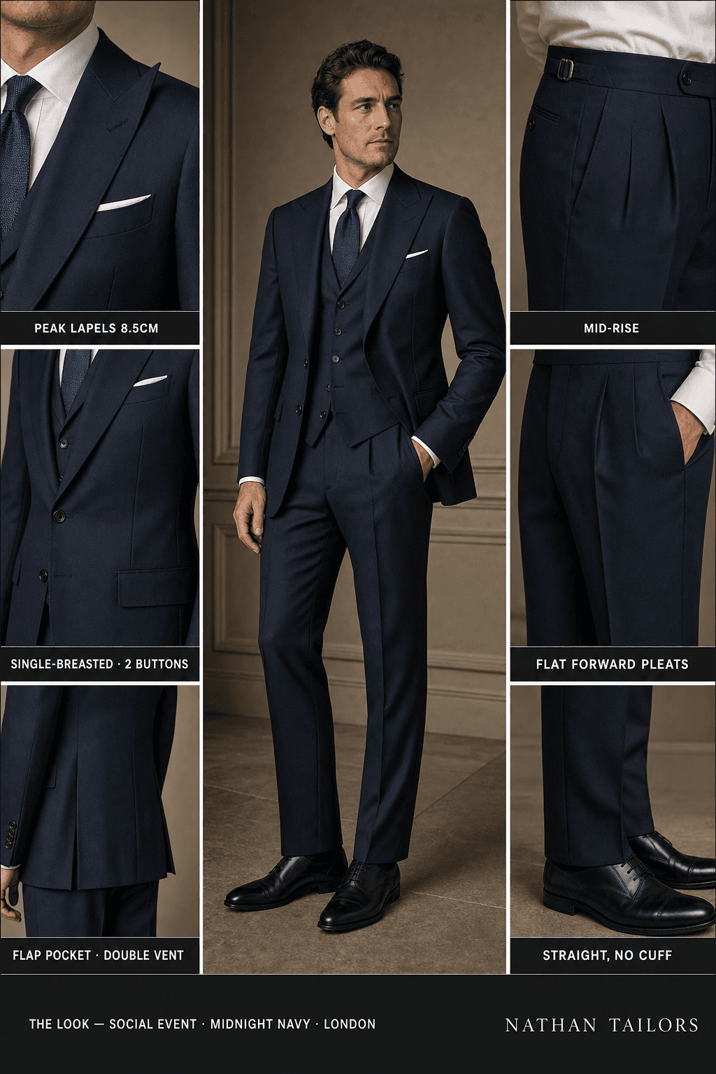 midnight navy single-breasted peak-lapel bespoke suit — AI-rendered by Nathan Tailors, the Hoi An custom tailor. Available as a custom tailored suit from $129.