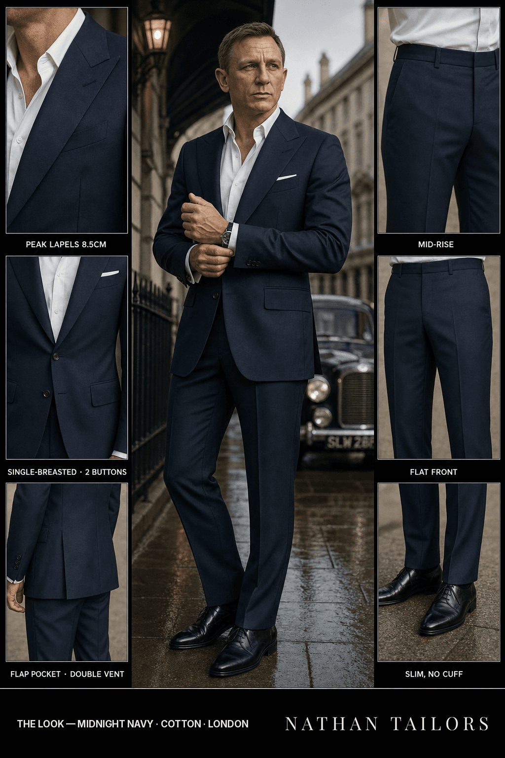 midnight navy single-breasted peak-lapel bespoke suit — AI-rendered by Nathan Tailors, the Hoi An custom tailor. Available as a custom tailored suit from $149.