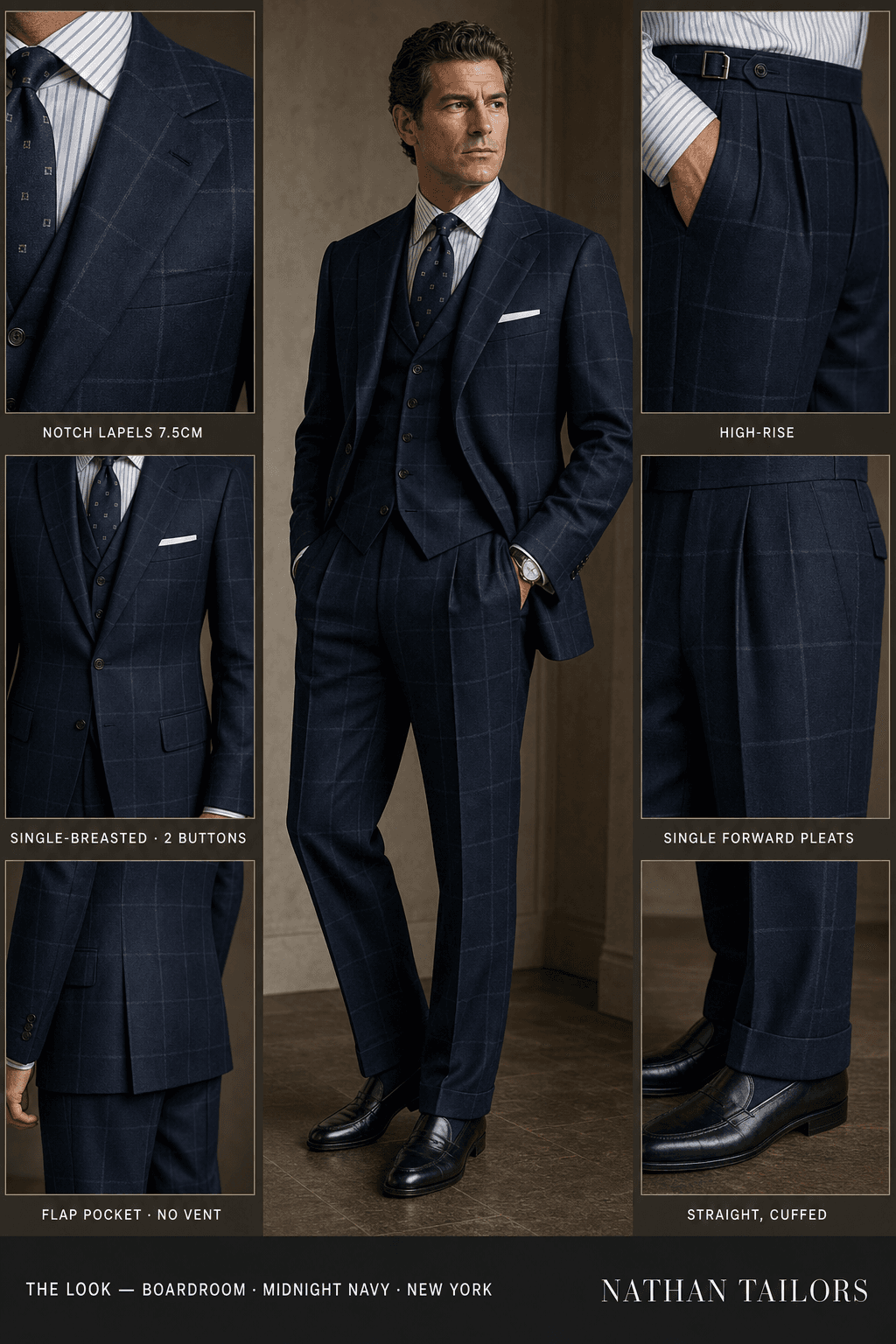 midnight navy windowpane single-breasted notch-lapel bespoke suit — AI-rendered by Nathan Tailors, the Hoi An custom tailor. Available as a custom tailored suit from $129.