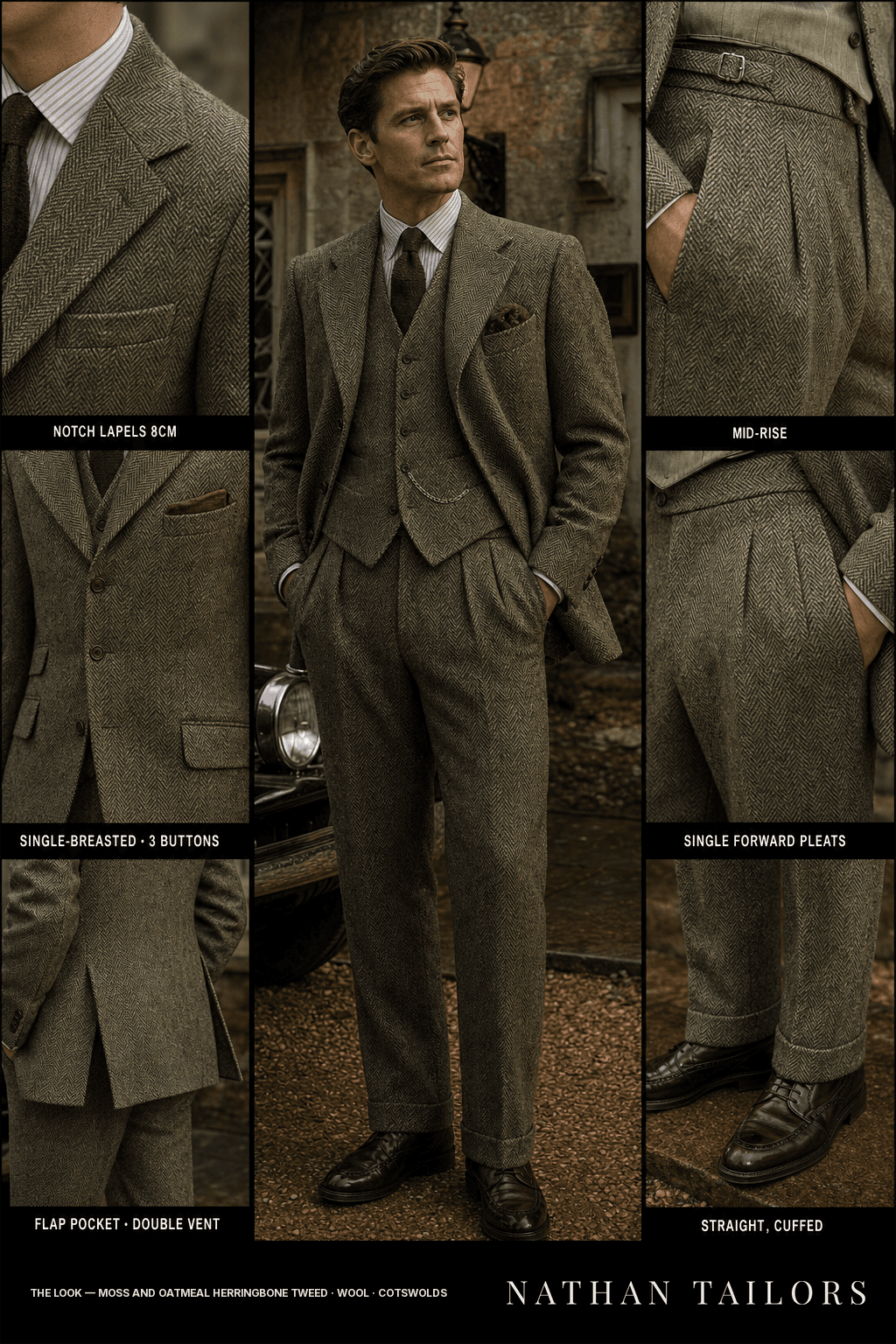 moss and oatmeal herringbone tweed herringbone single-breasted bespoke suit — custom tailored by Nathan Tailors, the Hoi An custom tailor
