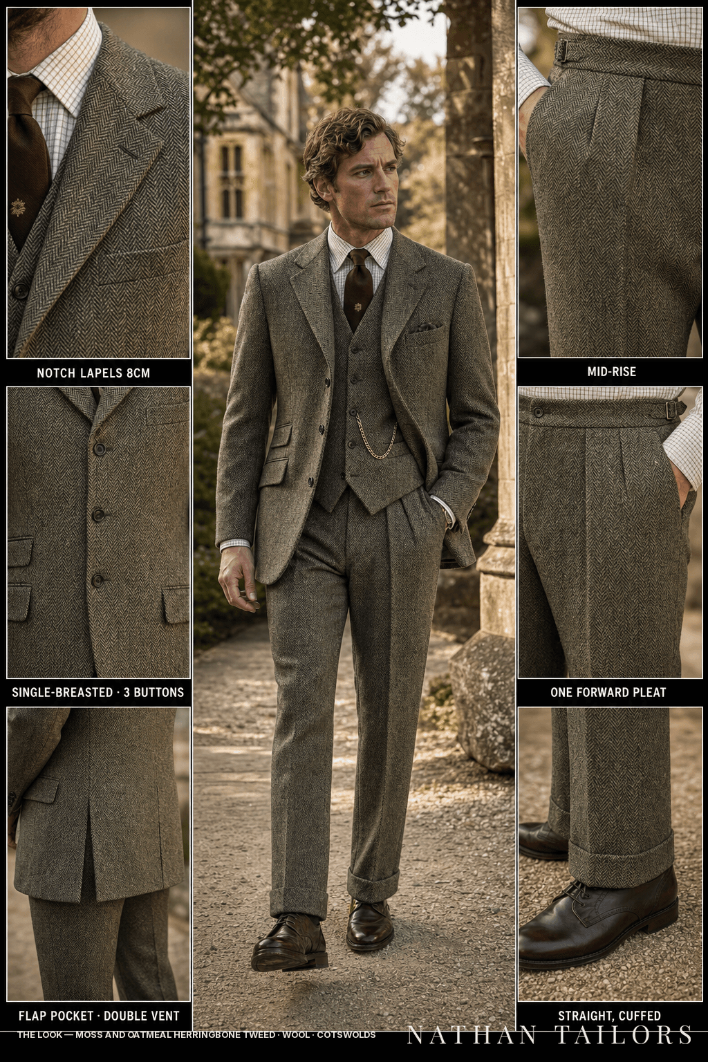 moss and oatmeal herringbone tweed herringbone single-breasted bespoke suit — custom tailored by Nathan Tailors, the Hoi An custom tailor