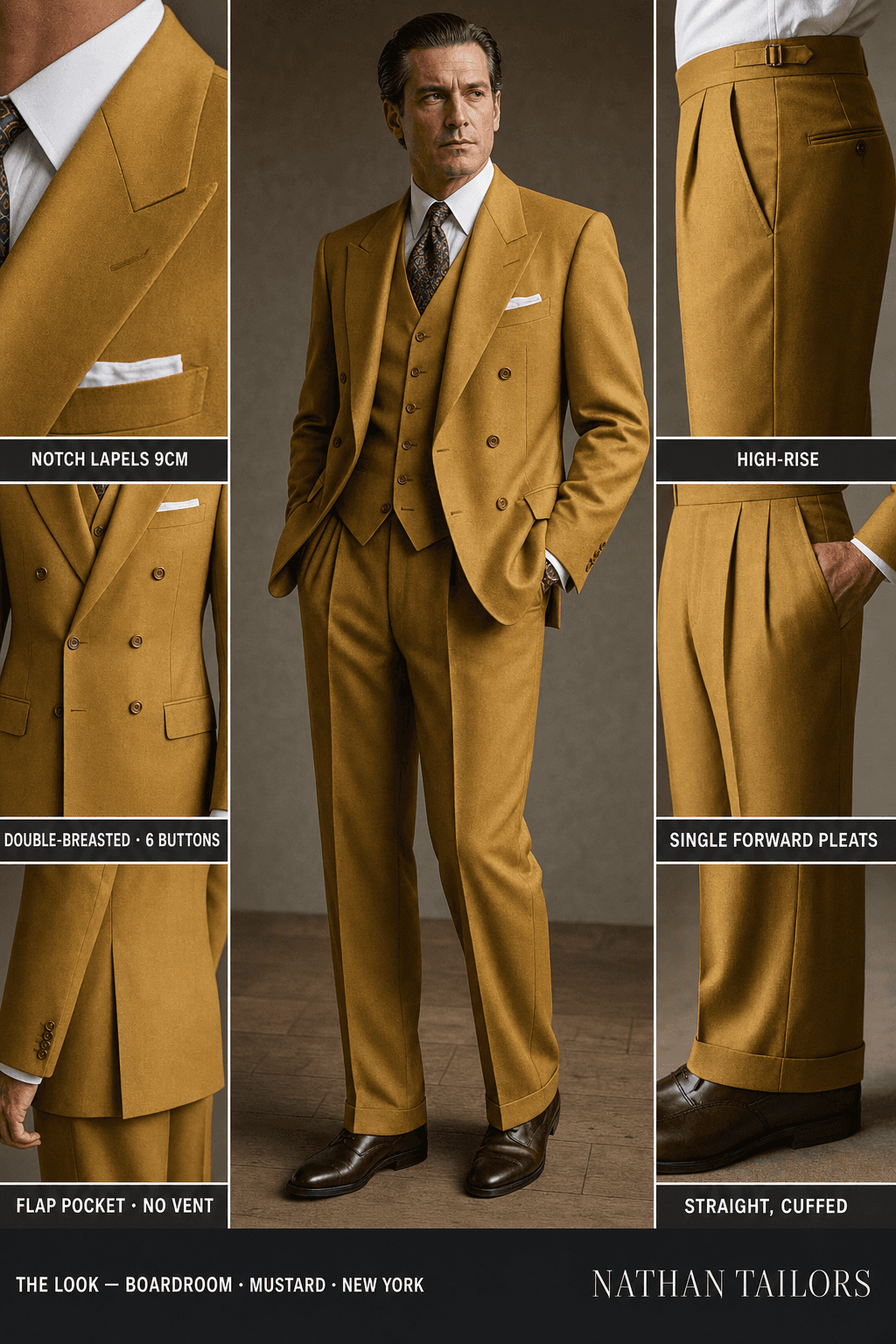 mustard double-breasted bespoke suit — custom tailored by Nathan Tailors, the Hoi An custom tailor
