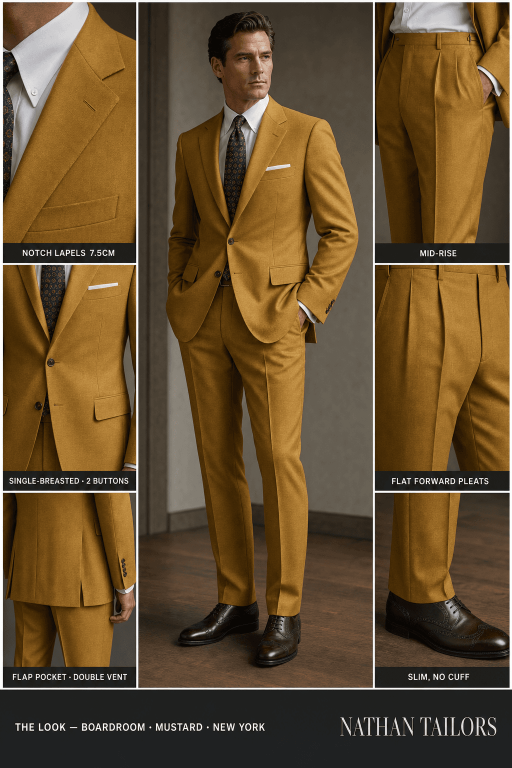 mustard single-breasted notch-lapel bespoke suit — AI-rendered by Nathan Tailors, the Hoi An custom tailor. Available as a custom tailored suit from $129.
