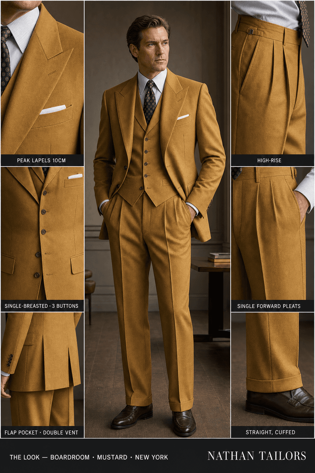 mustard single-breasted bespoke suit — custom tailored by Nathan Tailors, the Hoi An custom tailor