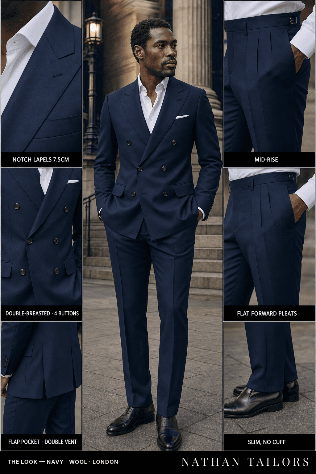 navy double-breasted bespoke suit — custom tailored by Nathan Tailors, the Hoi An custom tailor