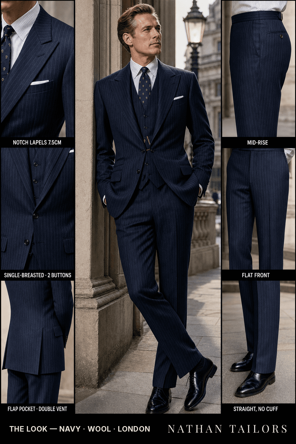 navy pinstripe single-breasted bespoke suit — custom tailored by Nathan Tailors, the Hoi An custom tailor