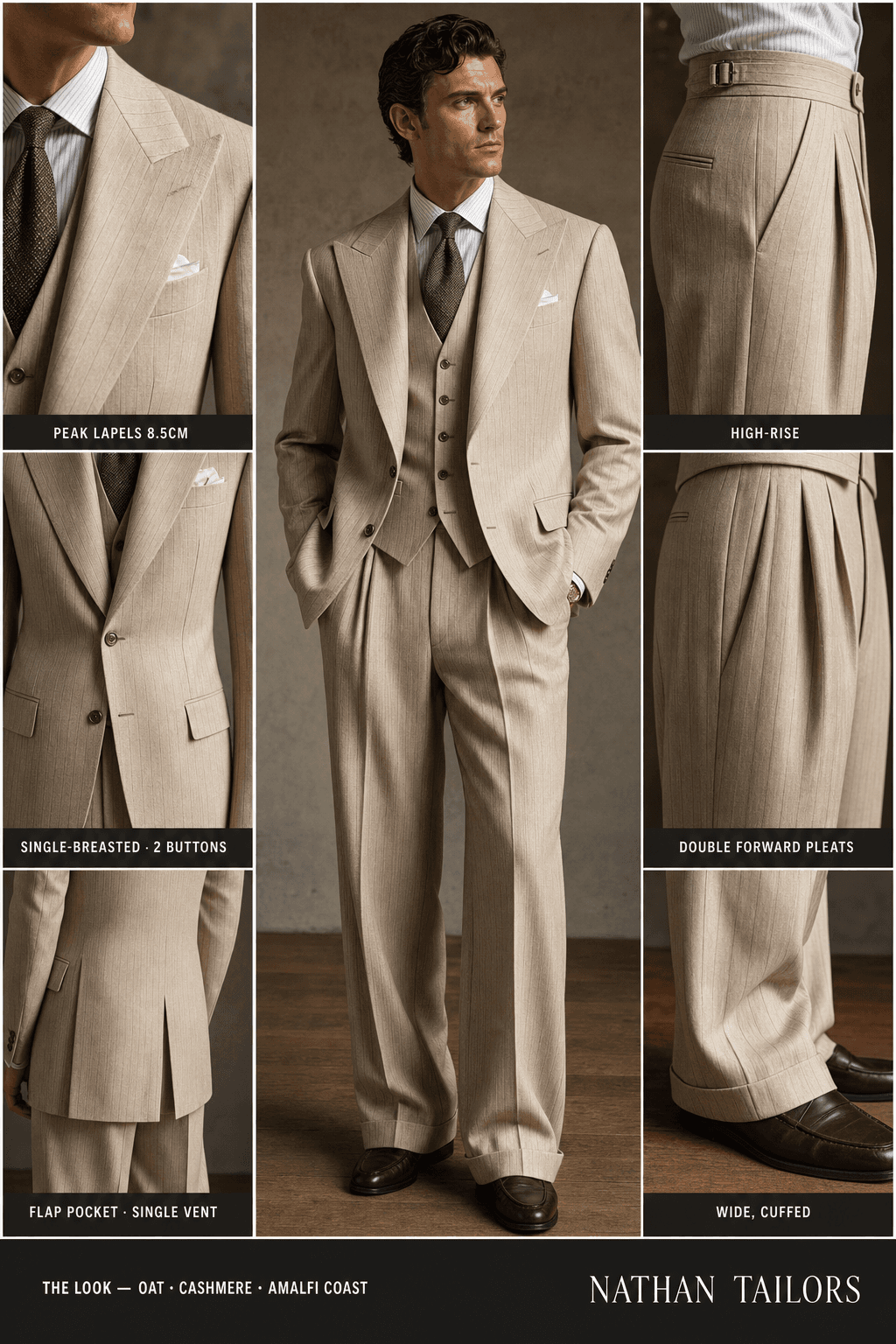 oat pinstripe single-breasted bespoke suit — custom tailored by Nathan Tailors, the Hoi An custom tailor