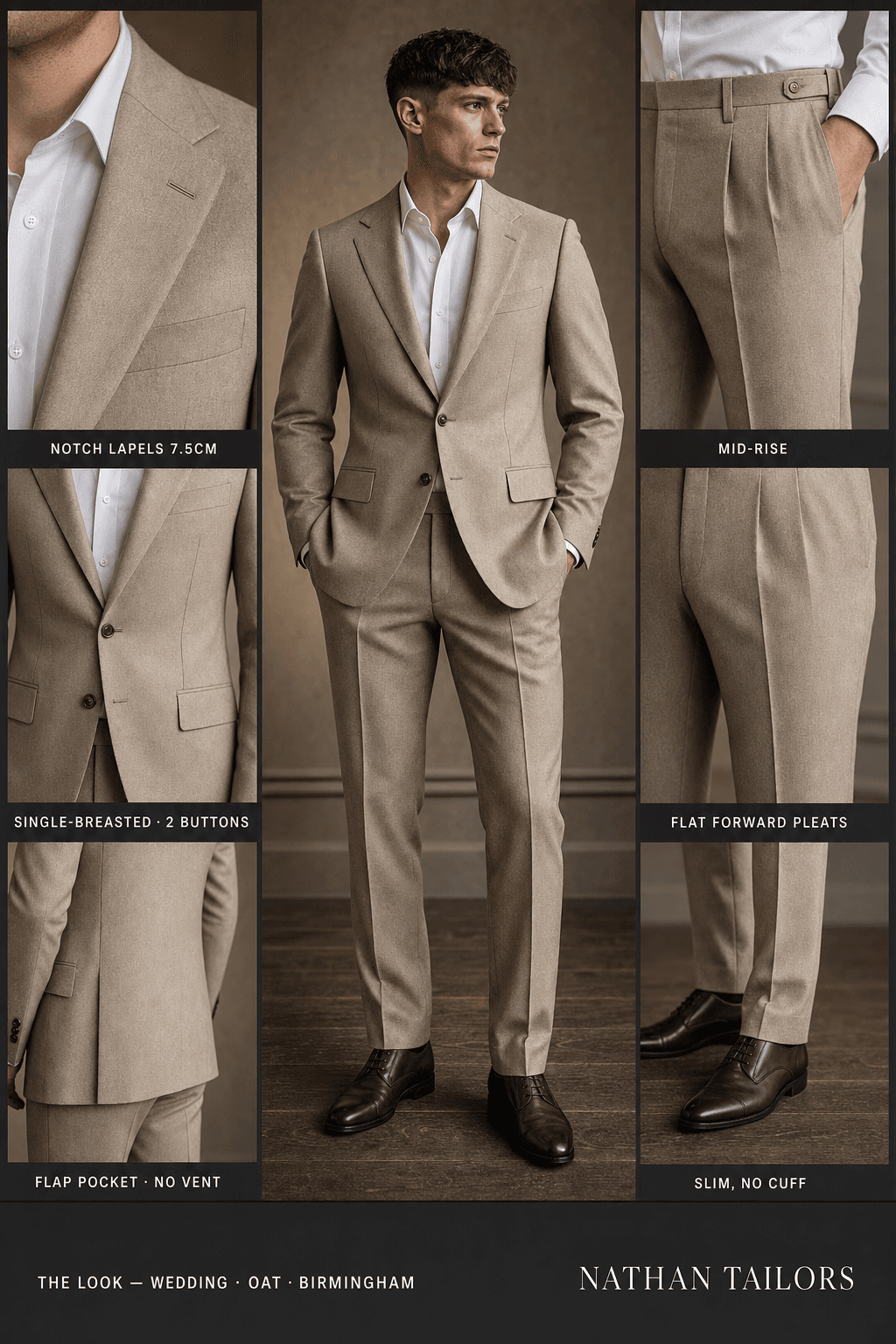 oat single-breasted notch-lapel bespoke suit — AI-rendered by Nathan Tailors, the Hoi An custom tailor. Available as a custom tailored suit from $129.