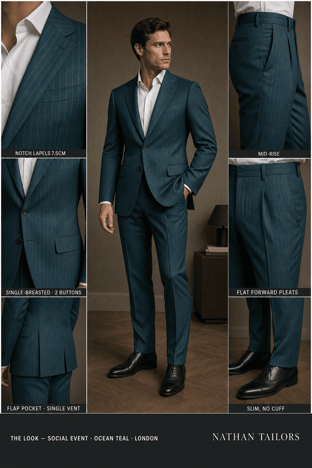ocean teal pinstripe single-breasted bespoke suit — custom tailored by Nathan Tailors, the Hoi An custom tailor