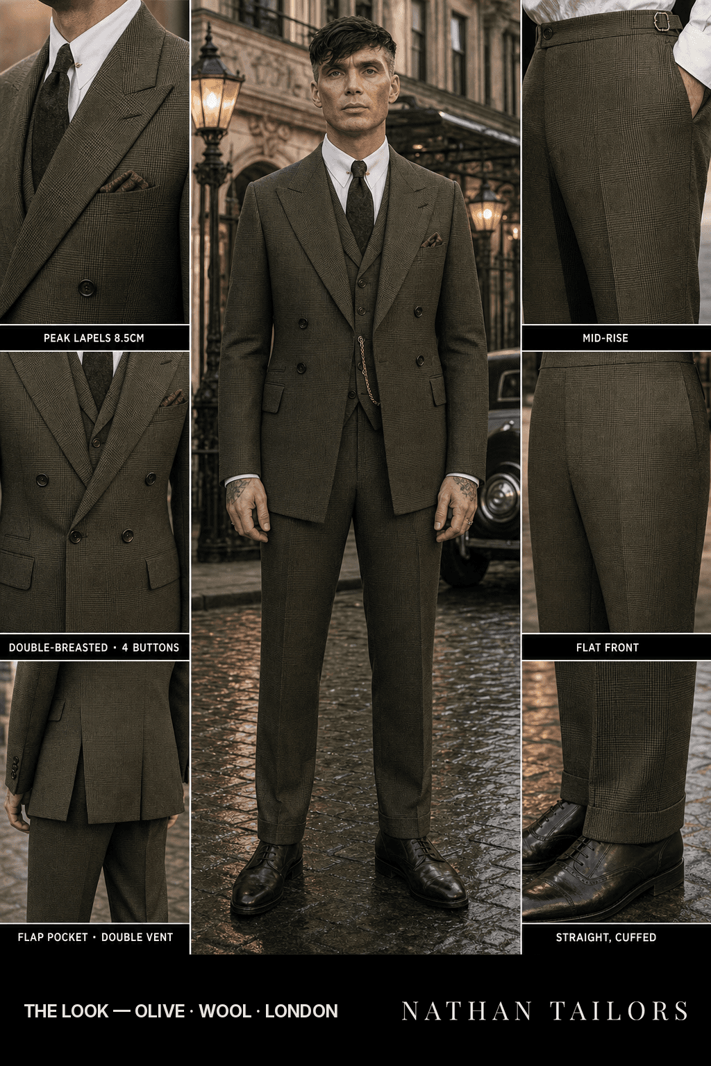 olive glen plaid double-breasted peak-lapel bespoke suit — AI-rendered by Nathan Tailors, the Hoi An custom tailor. Available as a custom tailored suit from $149.
