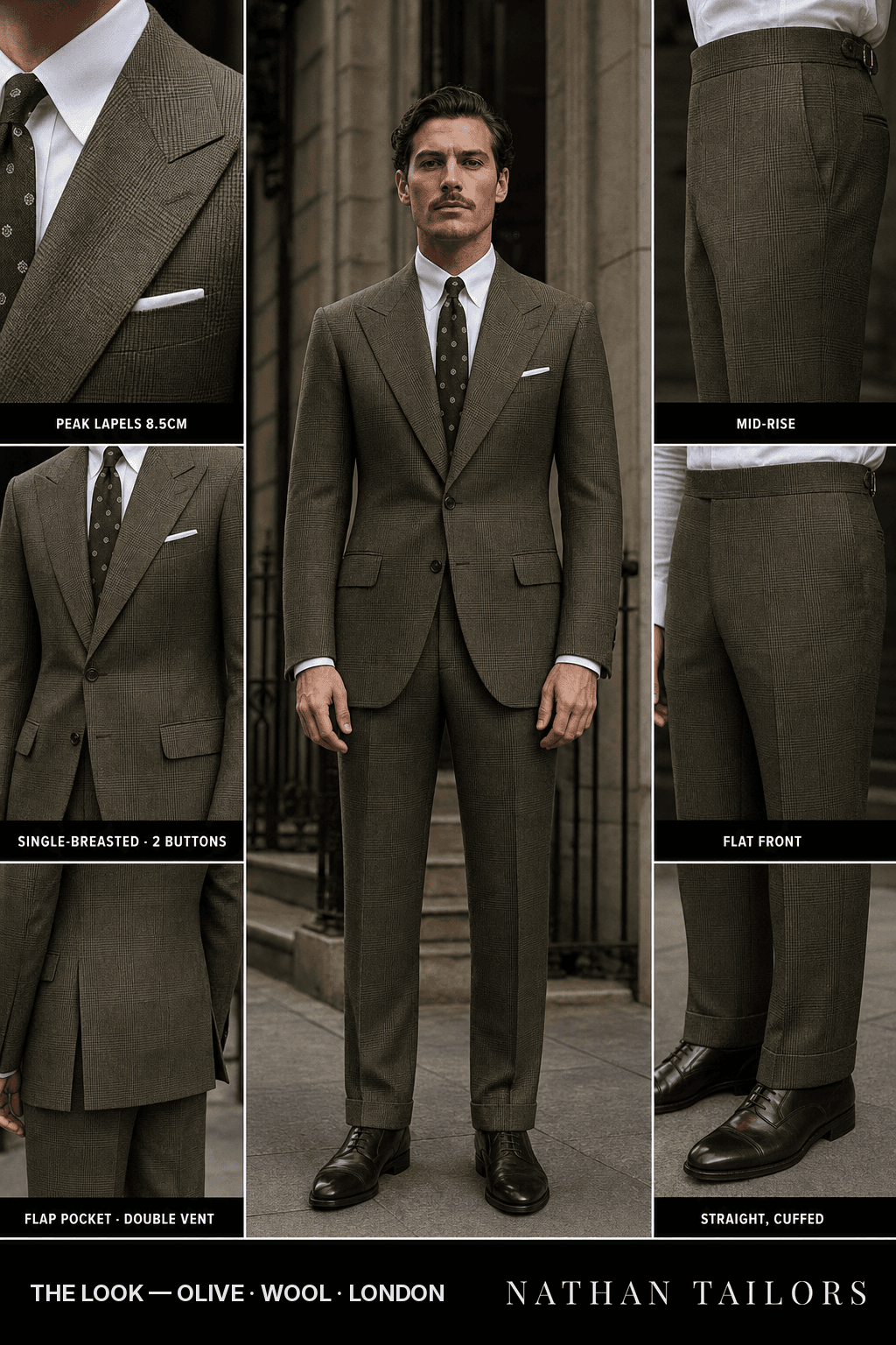 olive glen plaid single-breasted peak-lapel bespoke suit — AI-rendered by Nathan Tailors, the Hoi An custom tailor. Available as a custom tailored suit from $149.