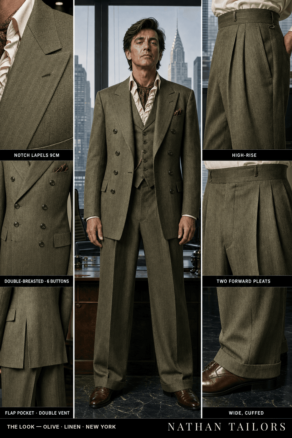 olive herringbone double-breasted bespoke suit — custom tailored by Nathan Tailors, the Hoi An custom tailor