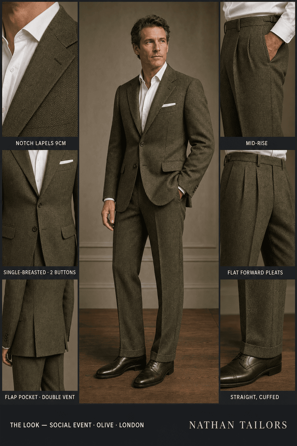 olive herringbone single-breasted bespoke suit — custom tailored by Nathan Tailors, the Hoi An custom tailor