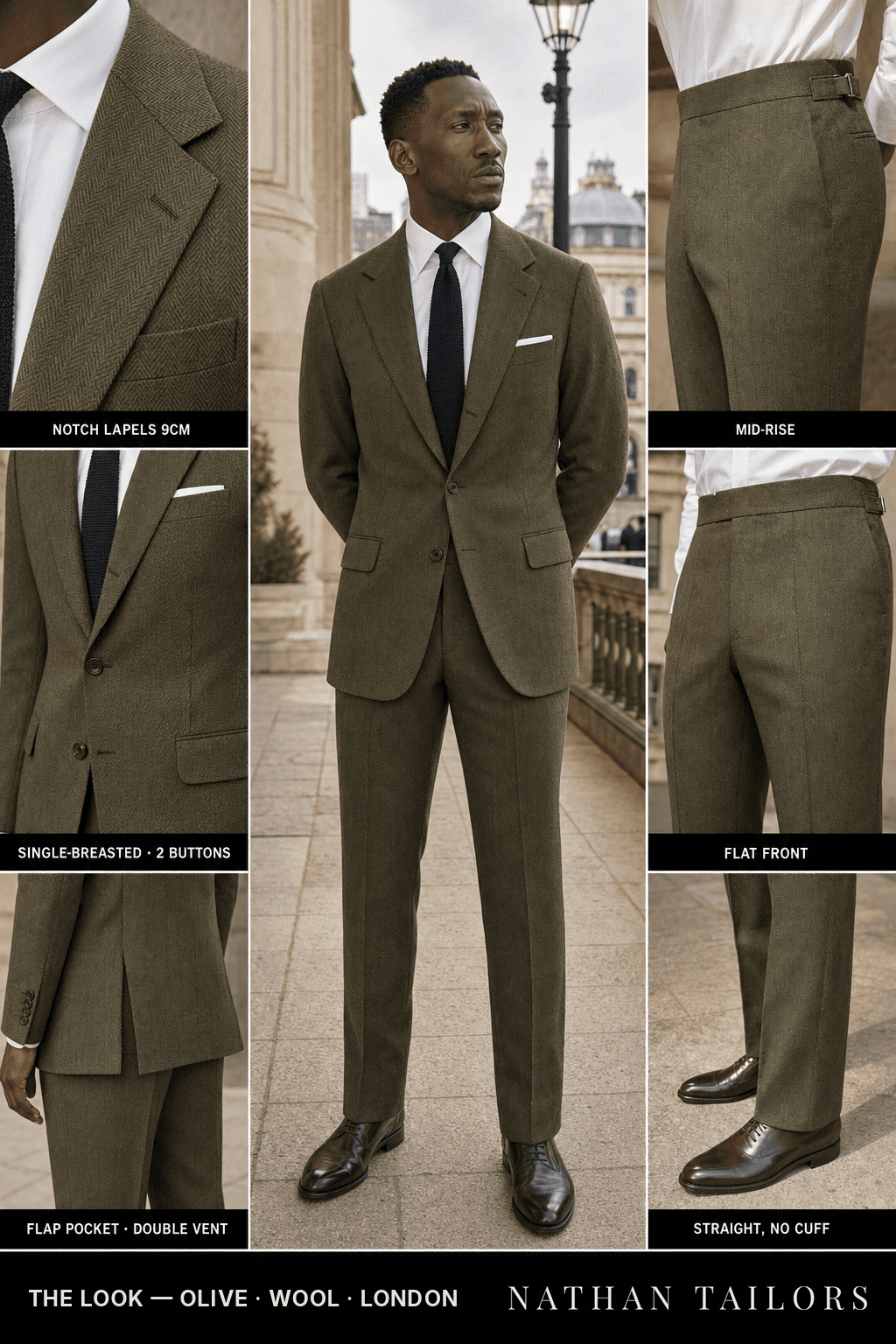 olive herringbone single-breasted bespoke suit — custom tailored by Nathan Tailors, the Hoi An custom tailor