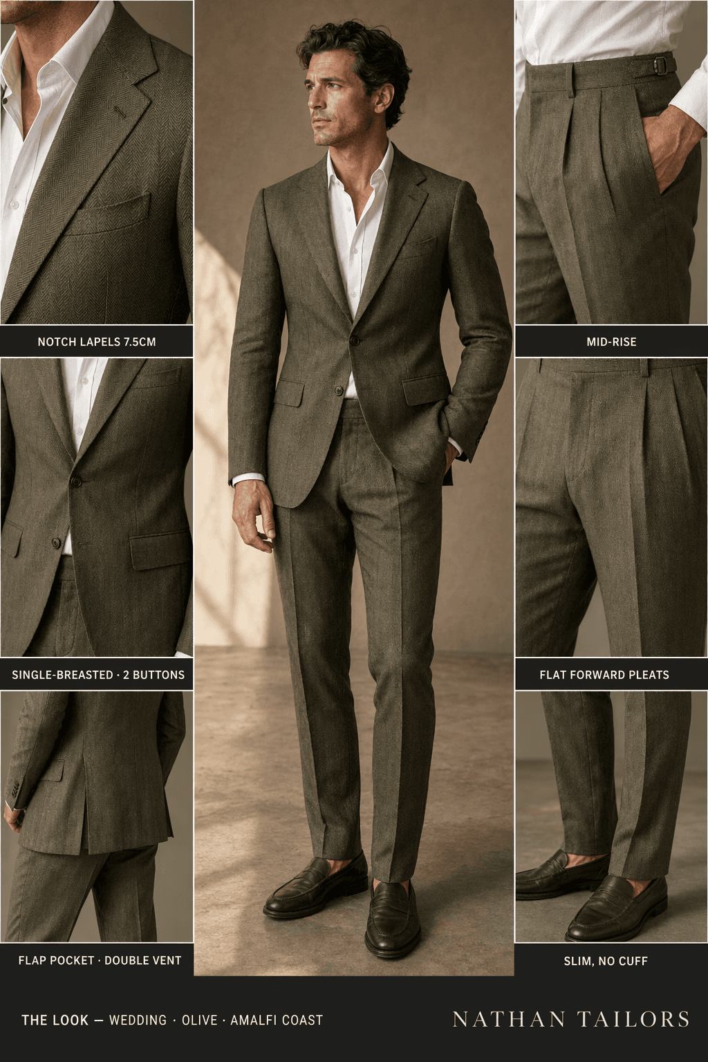 olive single-breasted suit — Nathan Tailors Hoi An tailor Atelier render