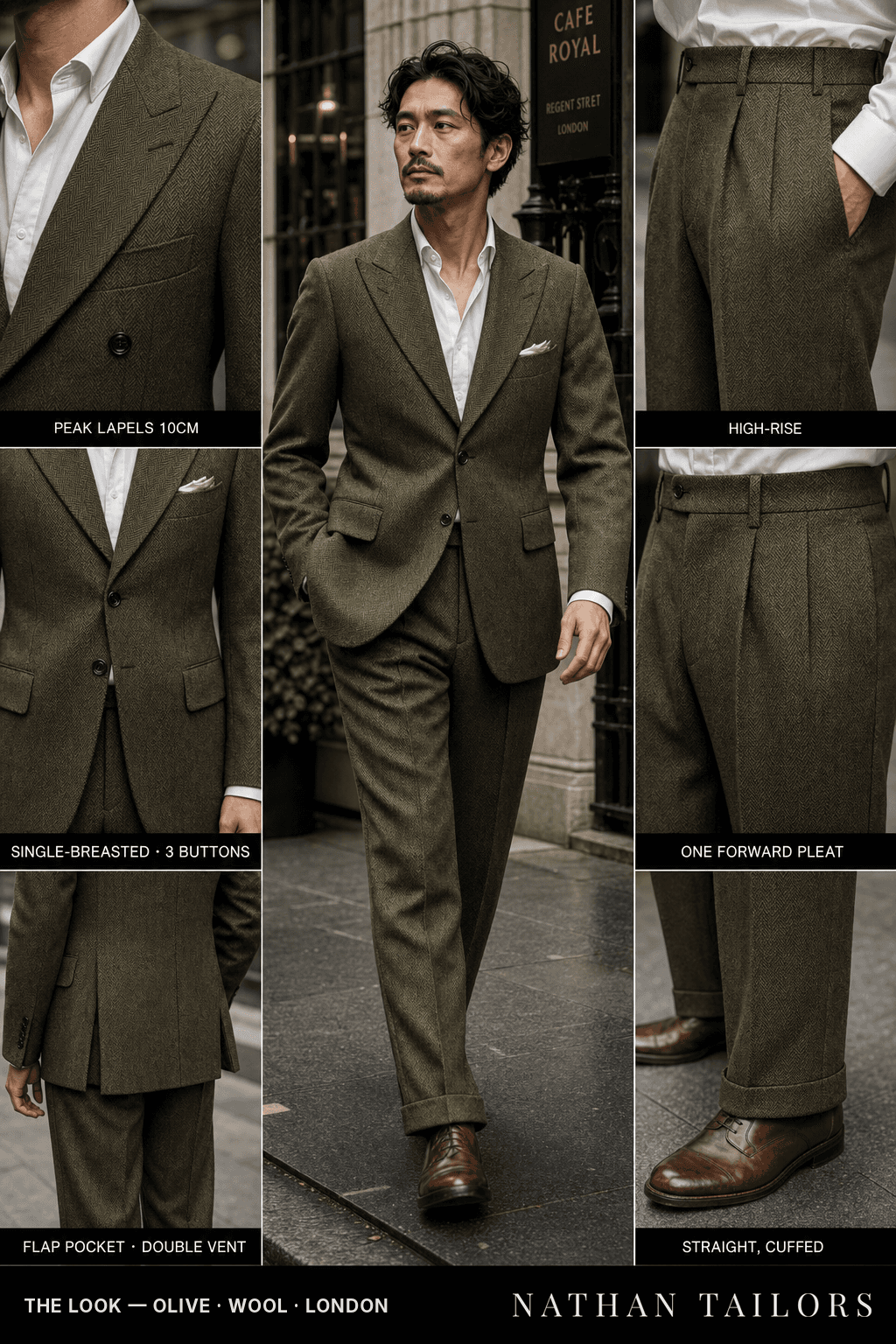 olive herringbone single-breasted peak-lapel bespoke suit — AI-rendered by Nathan Tailors, the Hoi An custom tailor. Available as a custom tailored suit from $149.
