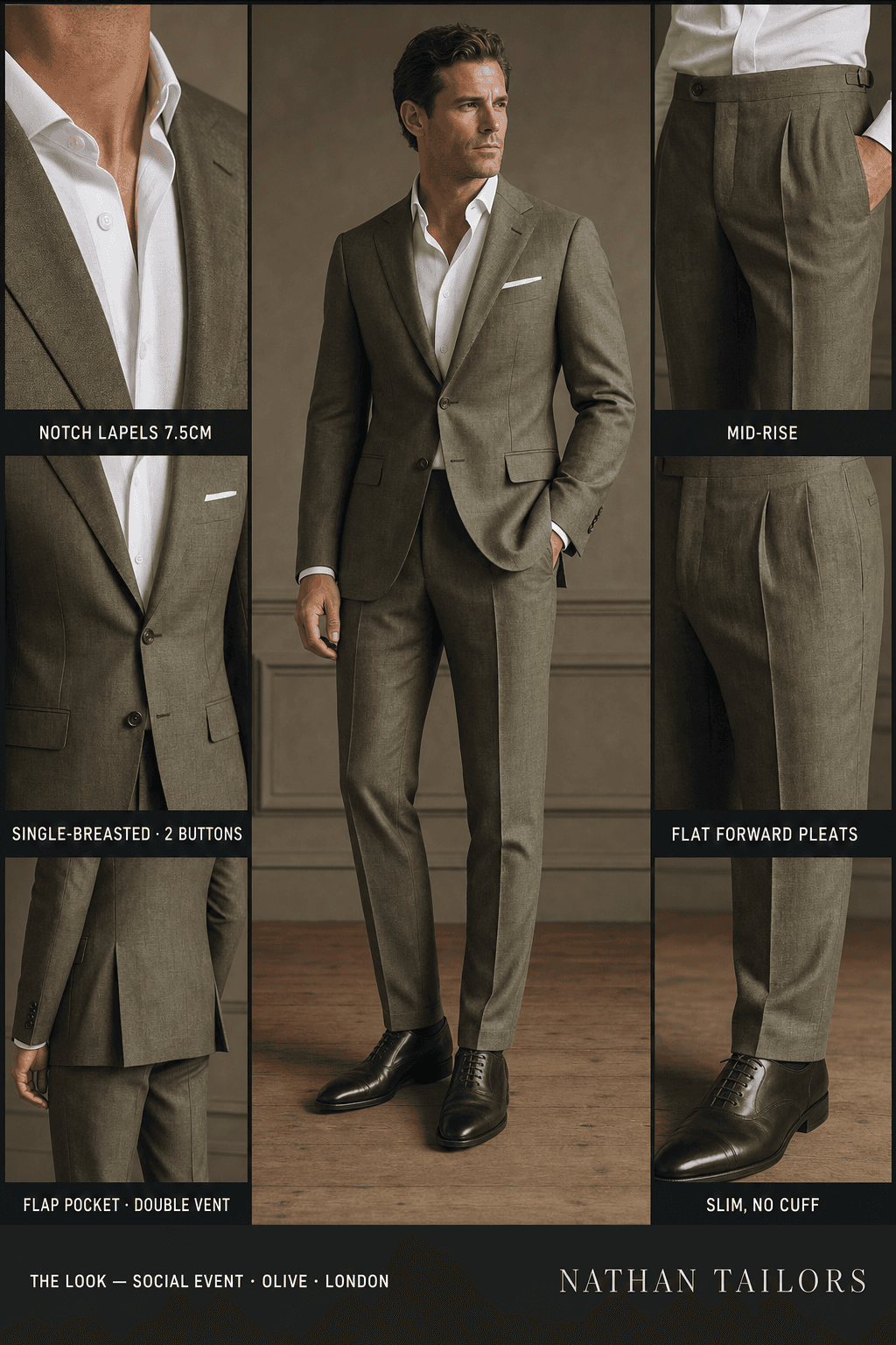 olive single-breasted bespoke suit — custom tailored by Nathan Tailors, the Hoi An custom tailor