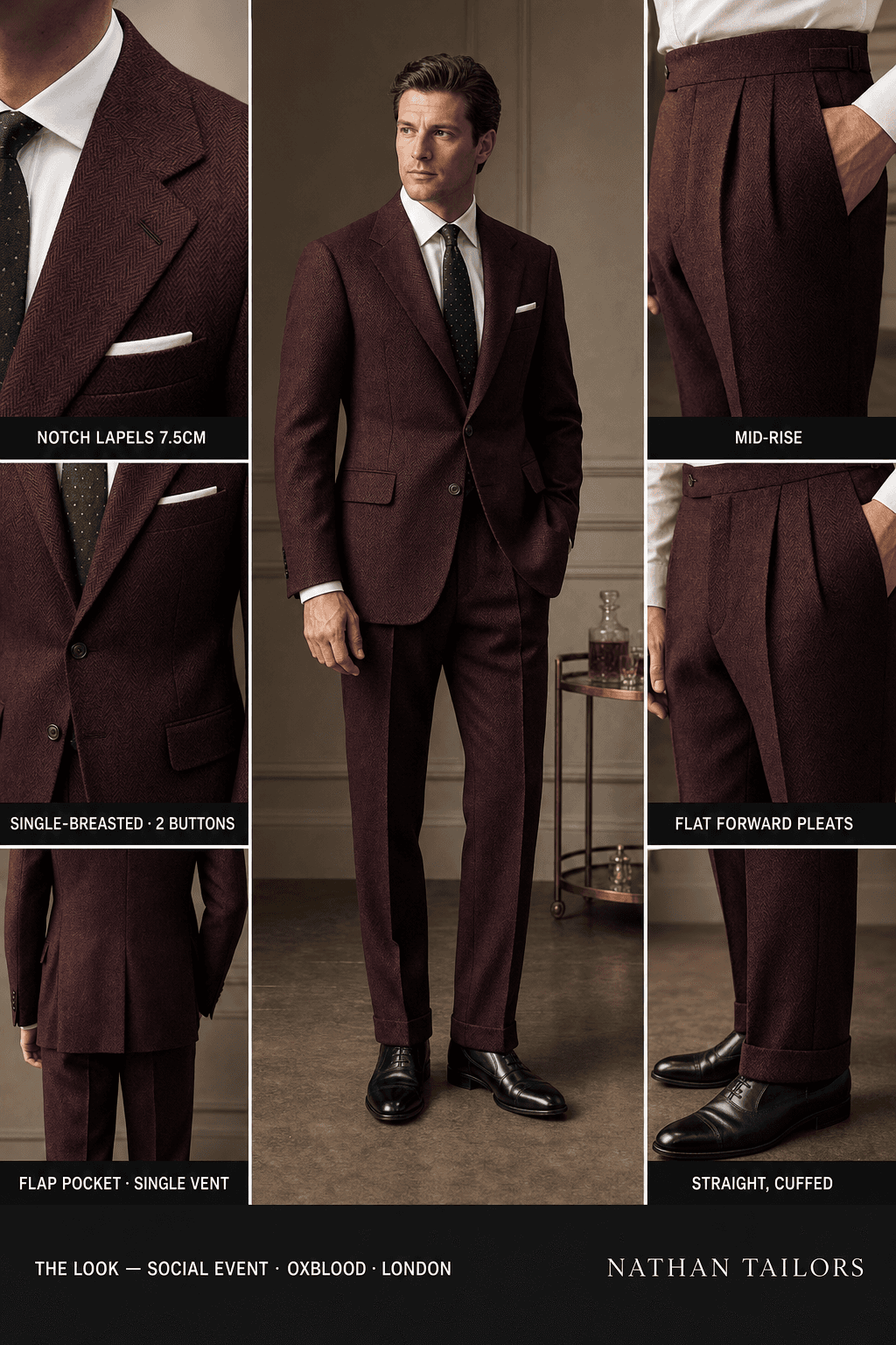 oxblood herringbone single-breasted bespoke suit — custom tailored by Nathan Tailors, the Hoi An custom tailor