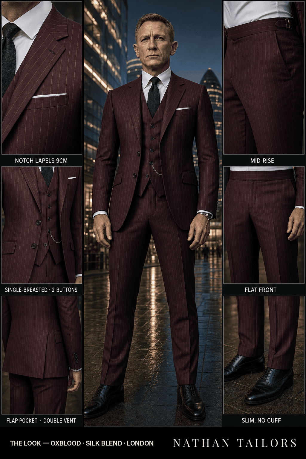 oxblood pinstripe single-breasted notch-lapel bespoke suit — AI-rendered by Nathan Tailors, the Hoi An custom tailor. Available as a custom tailored suit from $149.