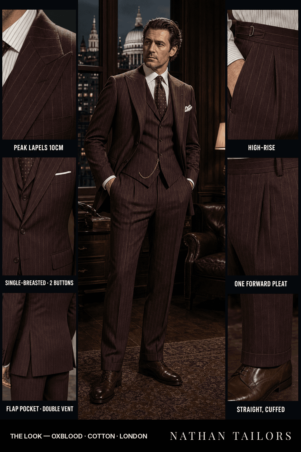 oxblood pinstripe single-breasted bespoke suit — custom tailored by Nathan Tailors, the Hoi An custom tailor