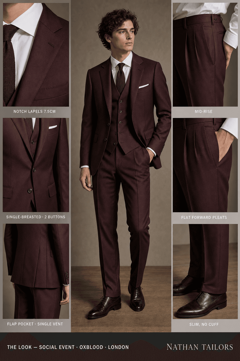 oxblood single-breasted notch-lapel bespoke suit — AI-rendered by Nathan Tailors, the Hoi An custom tailor. Available as a custom tailored suit from $129.
