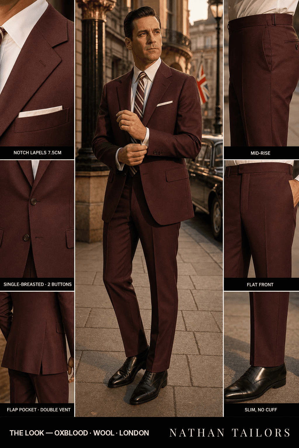 oxblood single-breasted bespoke suit — custom tailored by Nathan Tailors, the Hoi An custom tailor